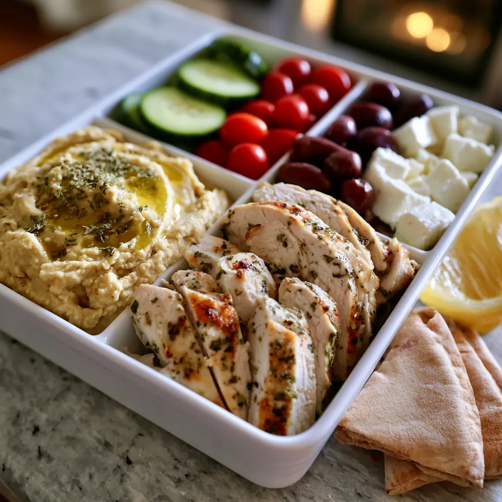 Greek chicken veggie bento box with hummus, cucumber, olives, and feta in a divided container
