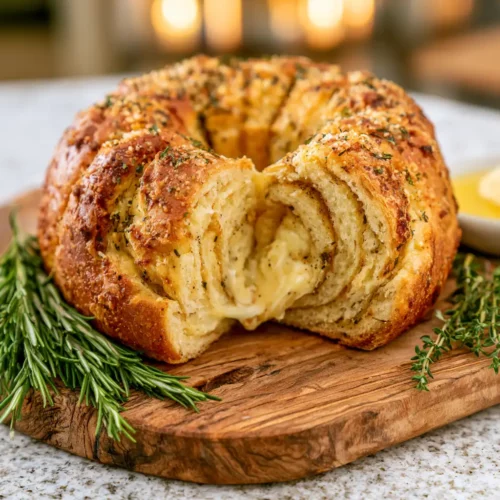 Cheesy swirled herb garlic bread bundt loaf inverted on a wooden board with gooey mozzarella visible