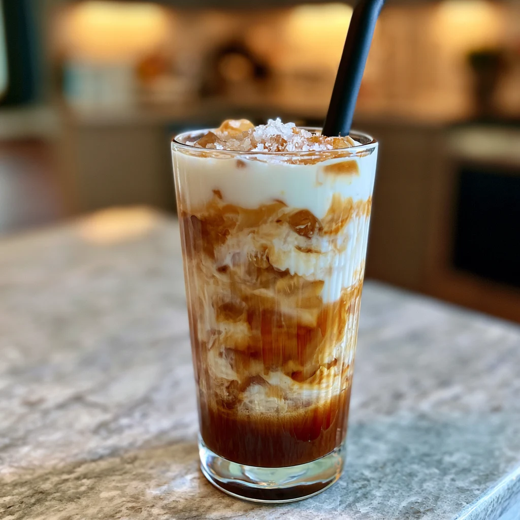 Copycat 7 Brew sweet salty iced latte in a tall clear glass with a straw