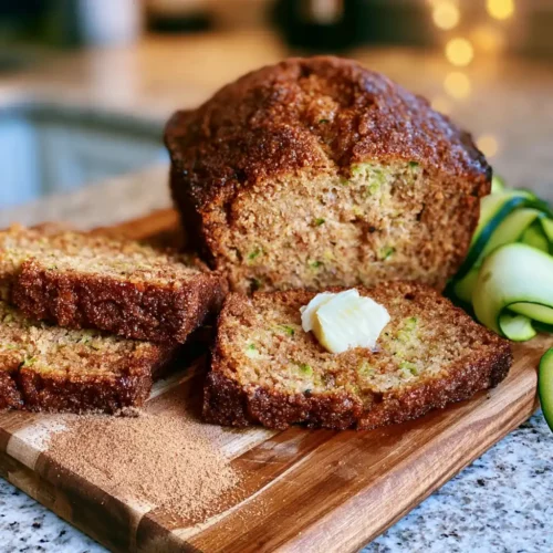 Sliced one-bowl zucchini bread with cinnamon on a wooden cutting board