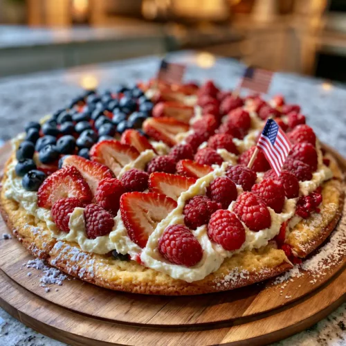 4th of July Fruit Pizza Sugar Cookie Crust topped with patriotic berries