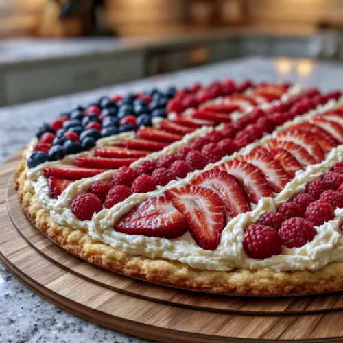 Red white blue berry fruit pizza with strawberries, blueberries, and cream cheese frosting on a round board