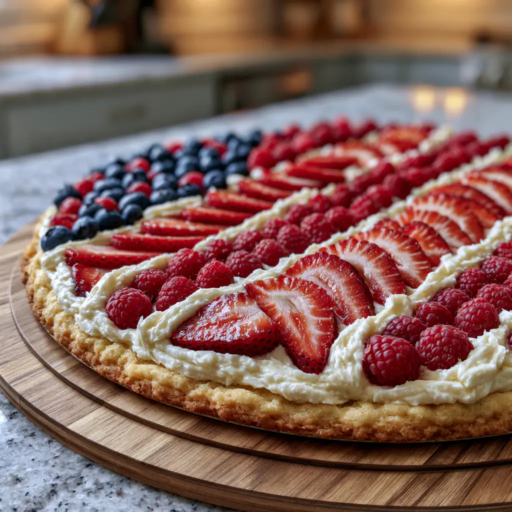 Red white blue berry fruit pizza with strawberries, blueberries, and cream cheese frosting on a round board