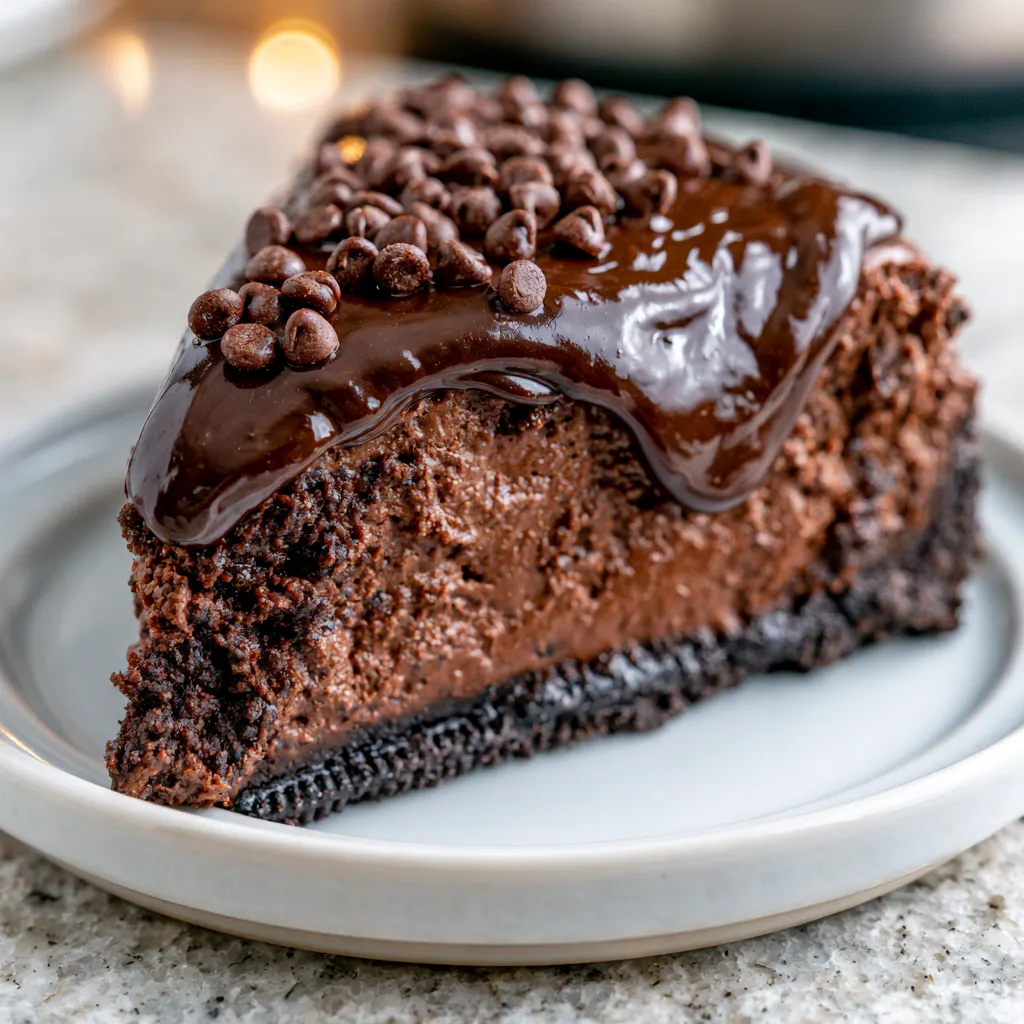 Slice of no-bake brownie batter cheesecake with chocolate ganache on a white plate