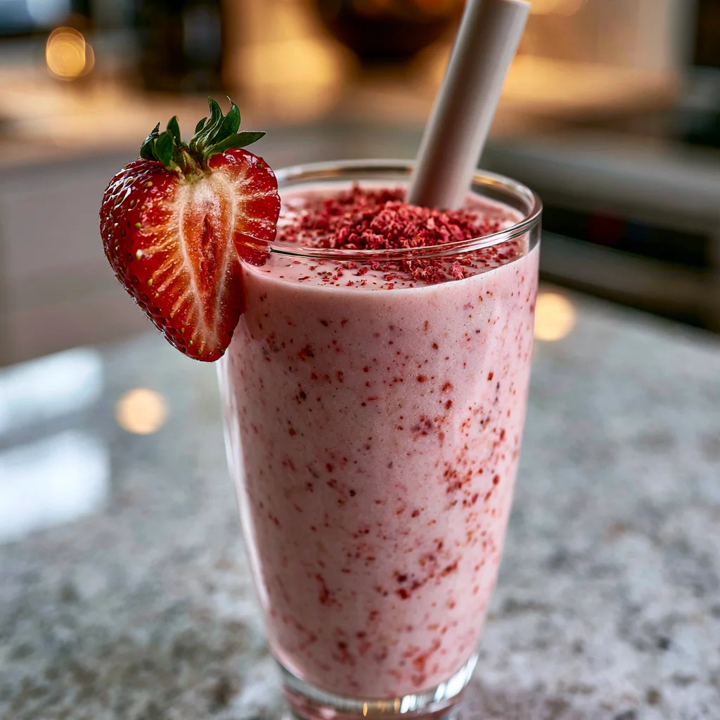 Creamy strawberry banana smoothie in a tall clear glass with fresh strawberries on top