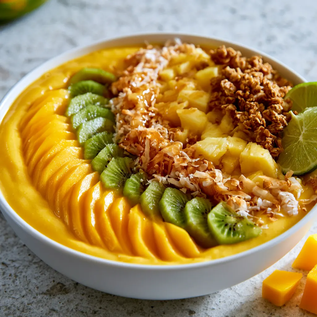Tropical mango pineapple coconut smoothie bowl with fresh fruit toppings and granola in a white bowl