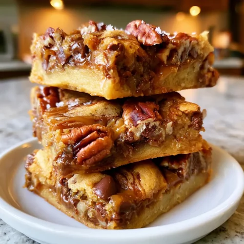 Caramel pecan chocolate chip cookie bars stacked showing gooey caramel and chocolate chips