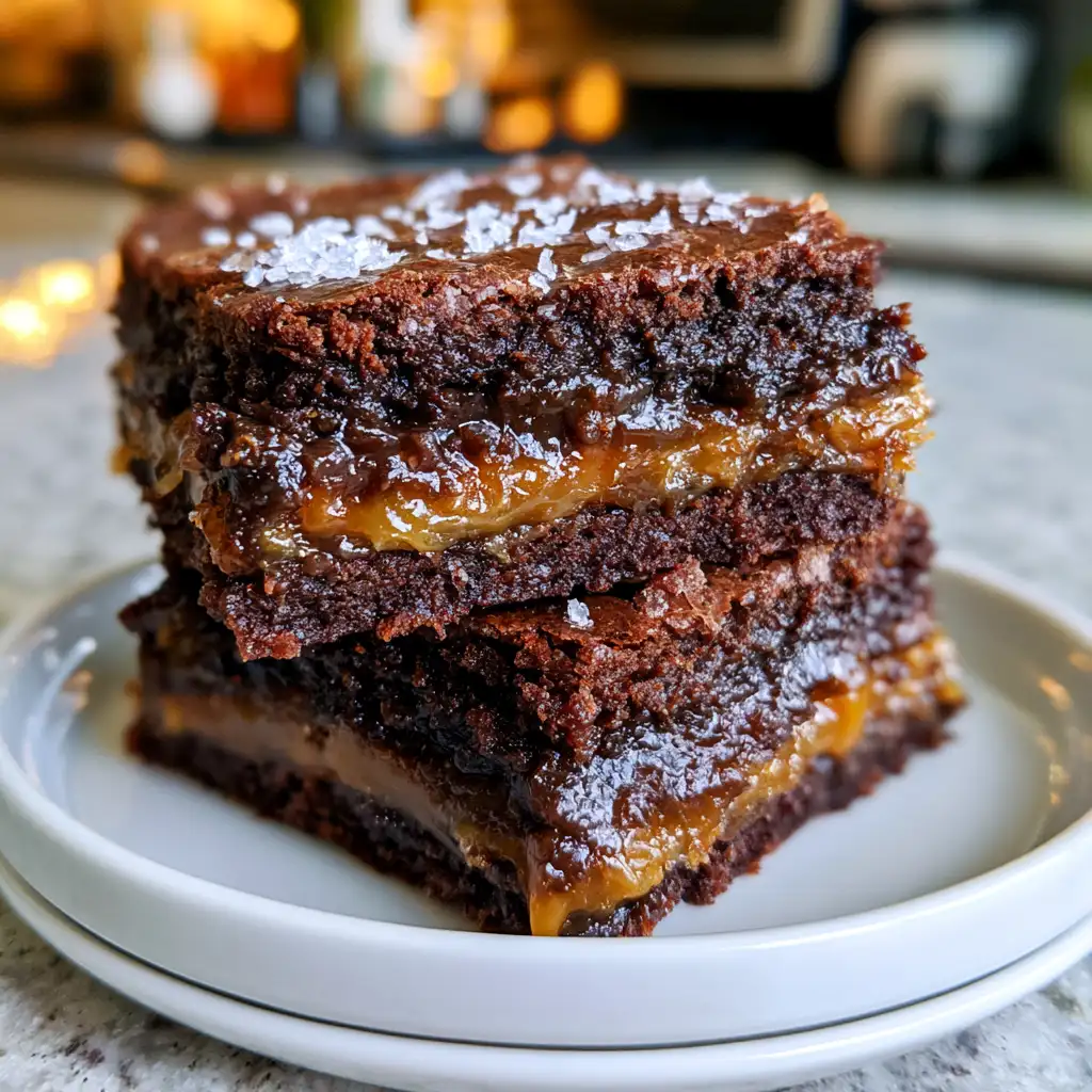 Salted caramel chocolate brownie bars with visible caramel layer and flaky sea salt