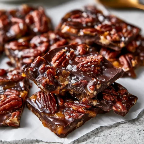 Chocolate pecan turtle bark pieces with caramel and flaky sea salt on parchment paper