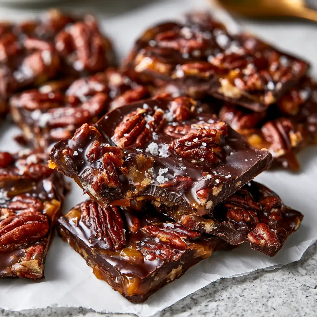 Chocolate pecan turtle bark pieces with caramel and flaky sea salt on parchment paper