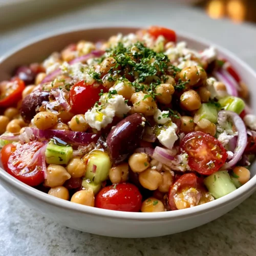 Mediterranean chickpea salad with lemon dressing in a white bowl with feta and olives