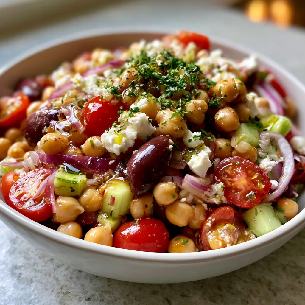 Mediterranean chickpea salad with lemon dressing in a white bowl with feta and olives