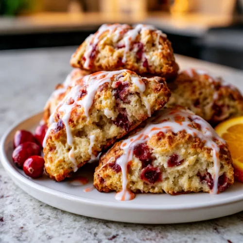 Flaky cranberry orange scones with orange glaze on a white plate with fresh cranberries