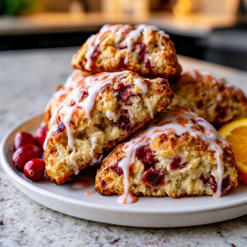 Flaky cranberry orange scones with orange glaze on a white plate with fresh cranberries