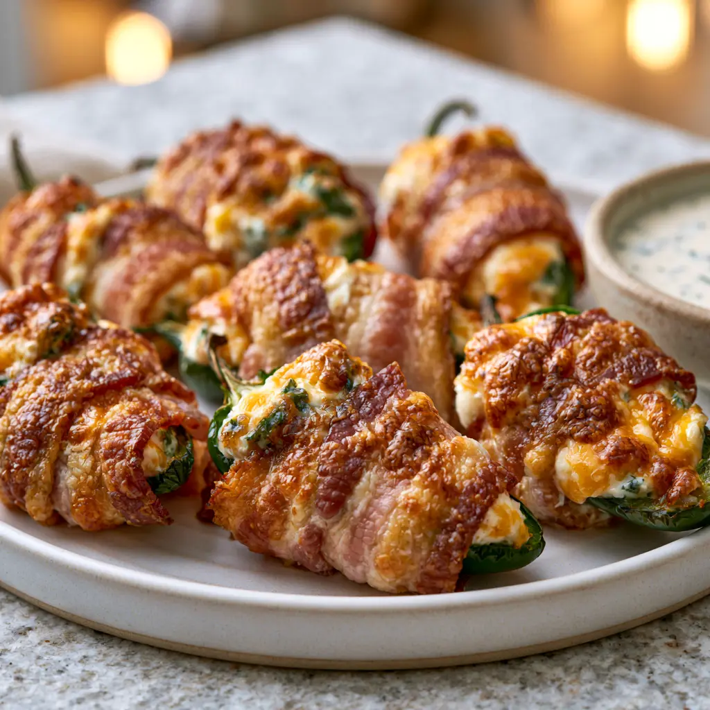 Cream cheese bacon jalapeño poppers on a white plate with crispy bacon and cheesy filling