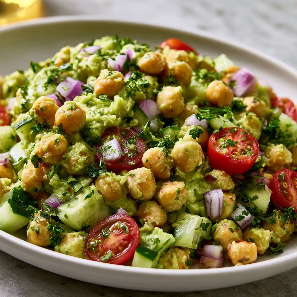 Creamy avocado chickpea salad in a white bowl with cucumber and cherry tomatoes