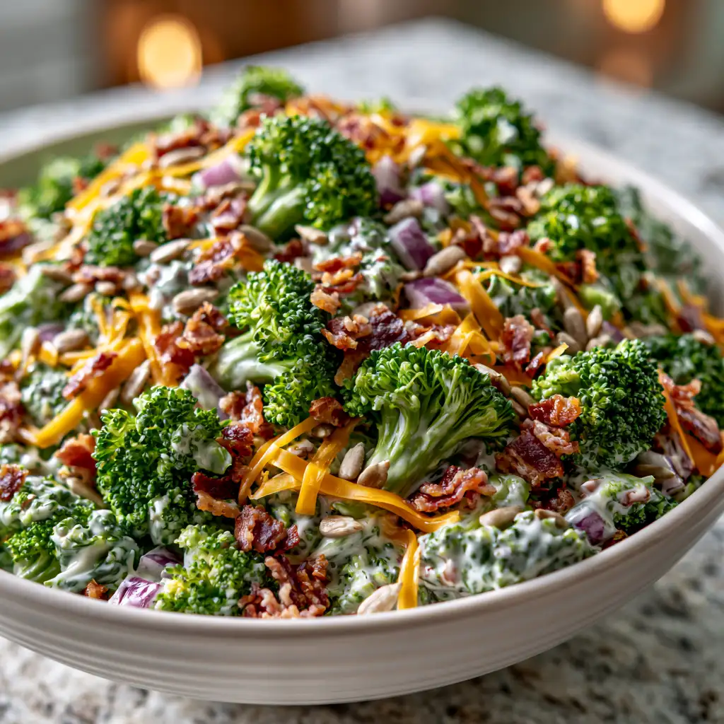 Creamy broccoli bacon salad with shredded cheddar and sunflower seeds in a white bowl