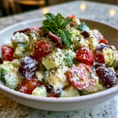 Cucumber tomato feta salad with kalamata olives and creamy lemon dressing in a white bowl