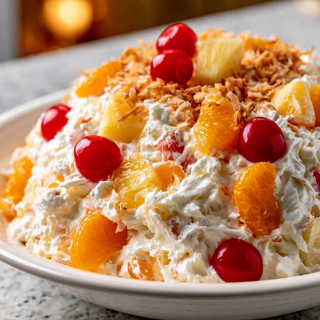 Make-ahead Hawaiian cheesecake salad with pineapple and mandarin oranges in a white bowl