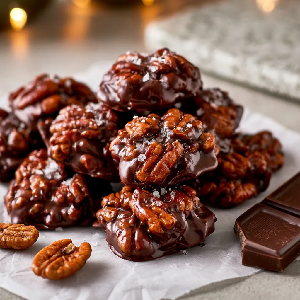 Dark chocolate pecan clusters with flaky sea salt on parchment paper