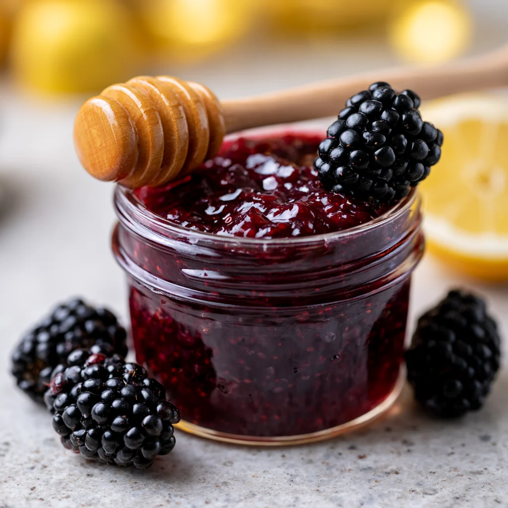 Jar of seedless blackberry jam on a wooden board with fresh blackberries