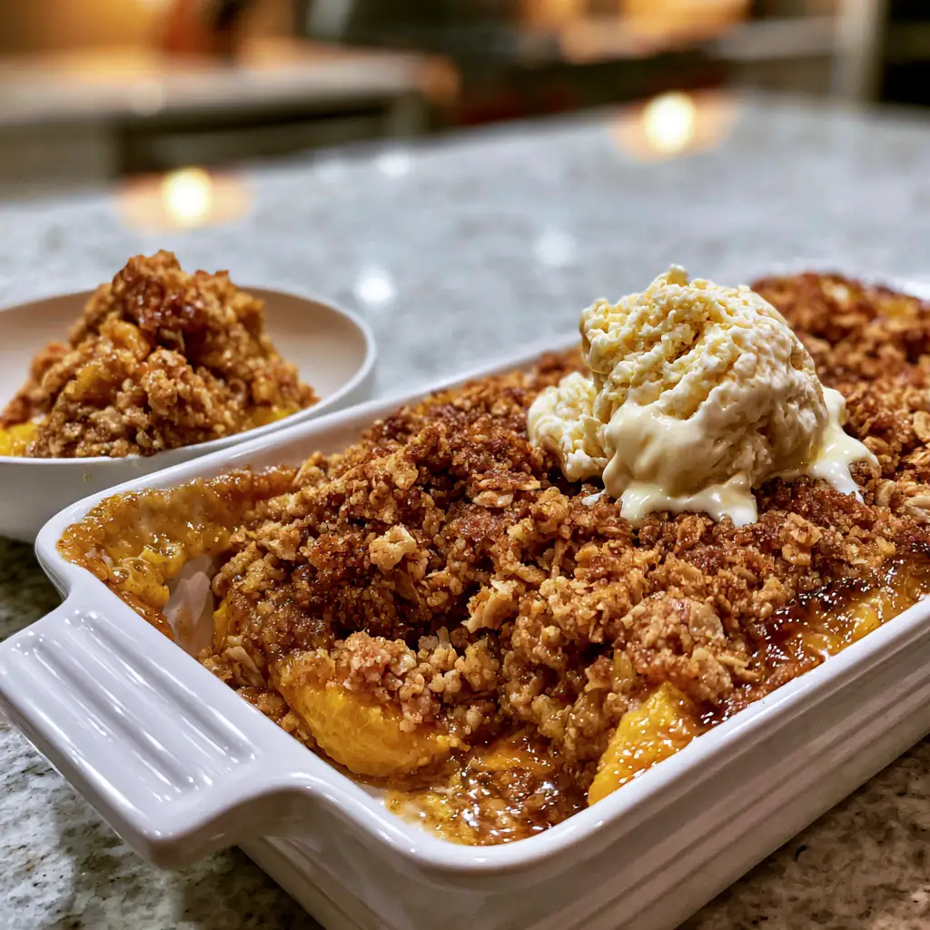 Fresh peach crisp with brown sugar oat topping in a white baking dish with a scoop of vanilla ice cream