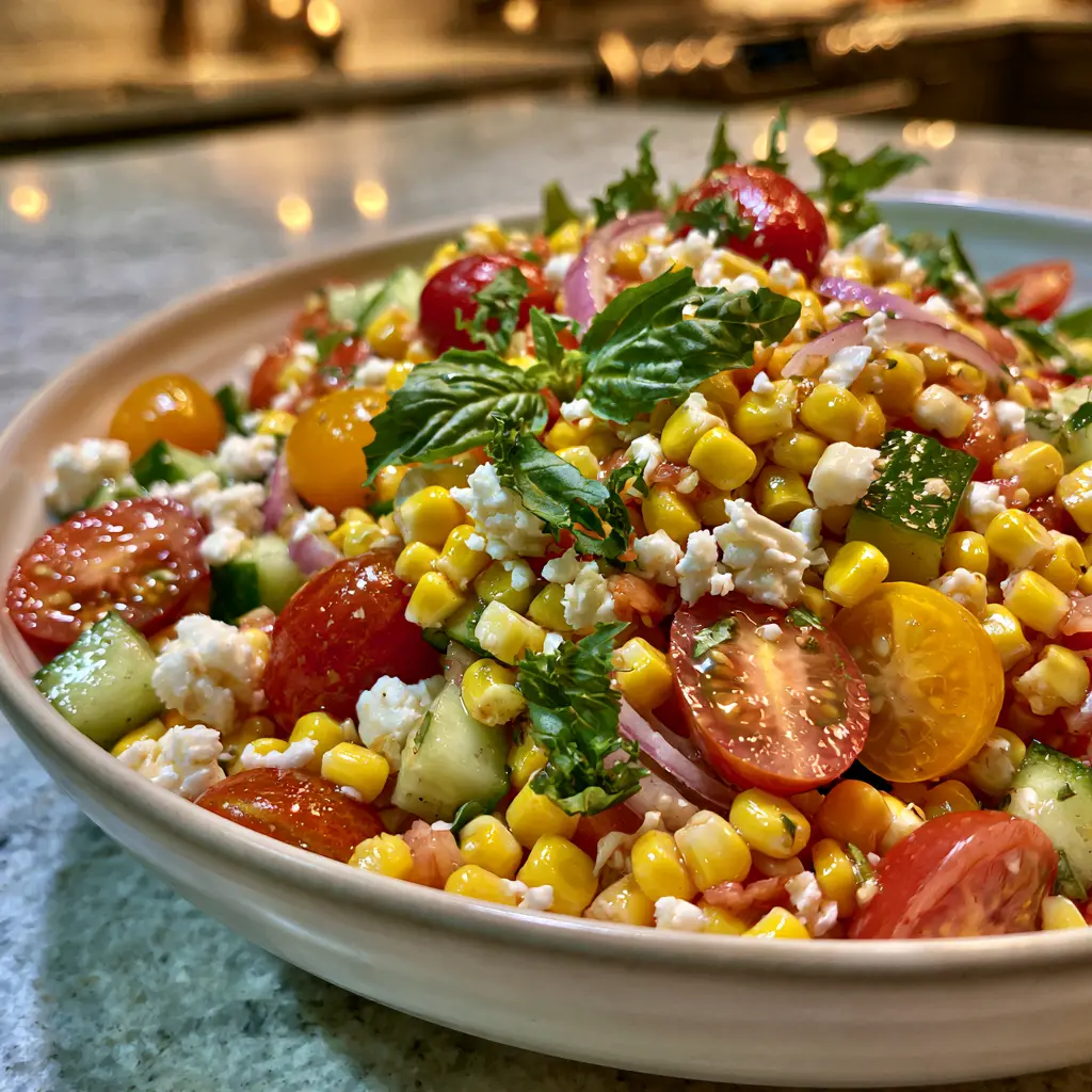 Fresh tomato cucumber corn summer salad with feta and basil in a white bowl