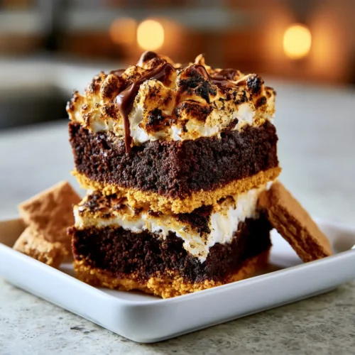 S'mores brownies with graham cracker crust and toasted marshmallow on a white plate