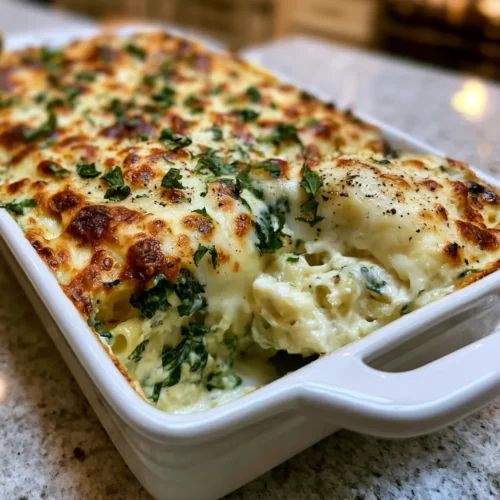 Spinach ricotta pasta bake with golden melted cheese in a white baking dish