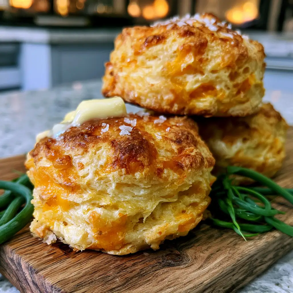 Cheddar garlic scape biscuits on a wooden board with butter and fresh scapes
