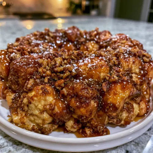 Caramel pecan monkey bread inverted on a white plate with glossy caramel sauce and toasted pecans