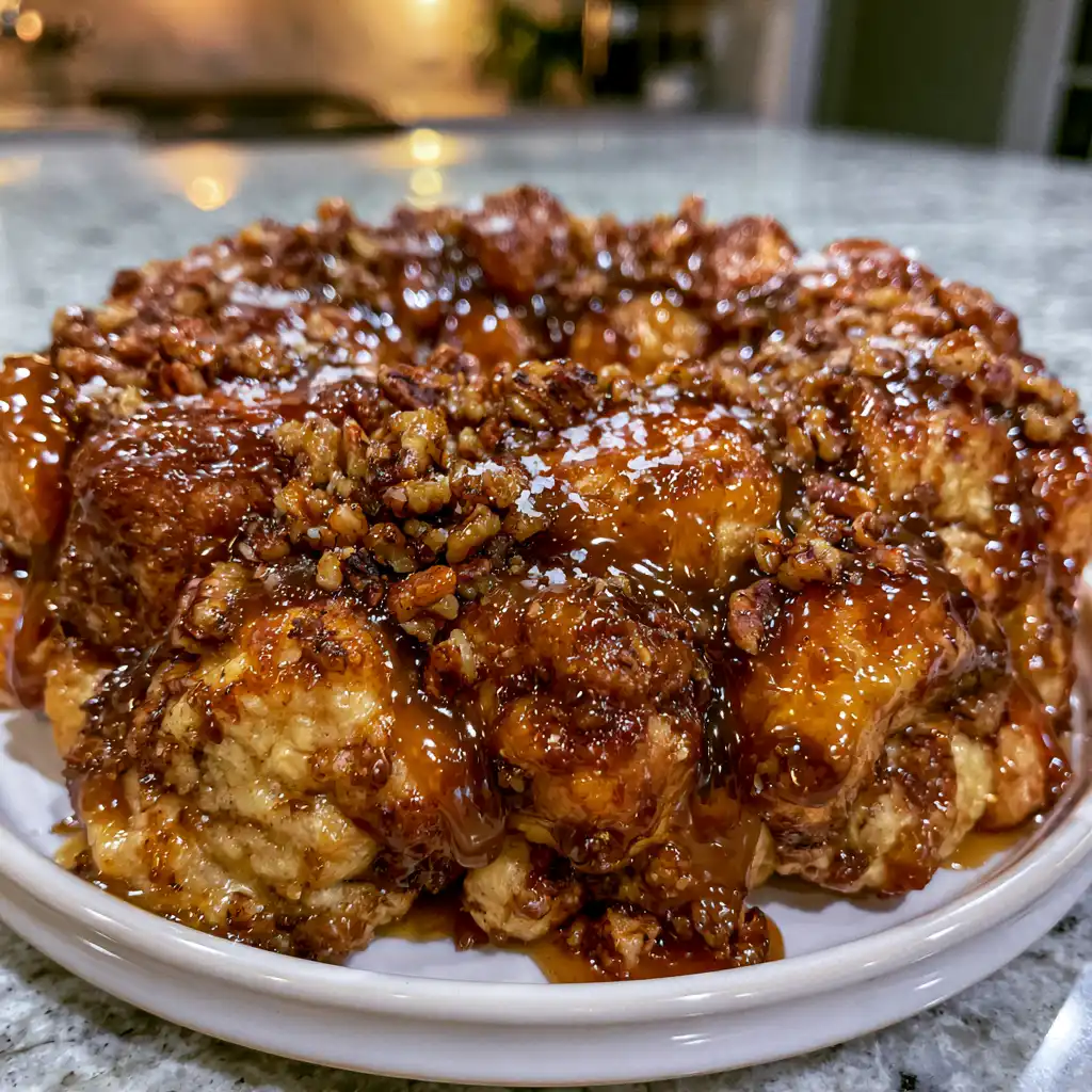 Caramel pecan monkey bread inverted on a white plate with glossy caramel sauce and toasted pecans