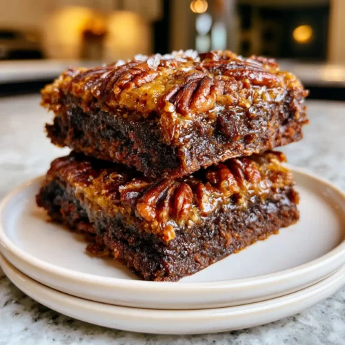 Gooey pecan pie brownie bars stacked showing fudgy brownie layer and caramelized pecan topping