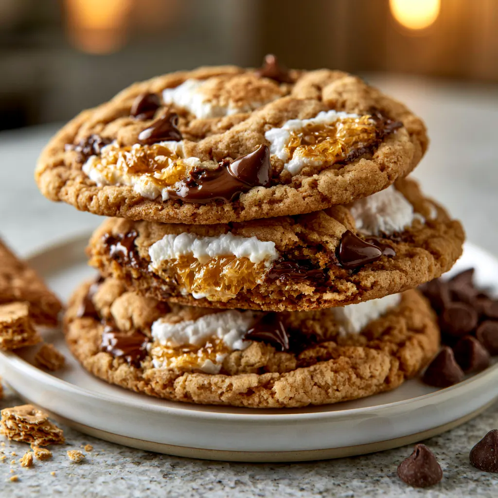 Homemade s'mores cookies with gooey marshmallow and chocolate chips on a white plate