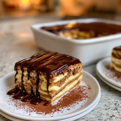 Slice of chocolate eclair cake with creamy pudding layers and chocolate ganache on a white plate