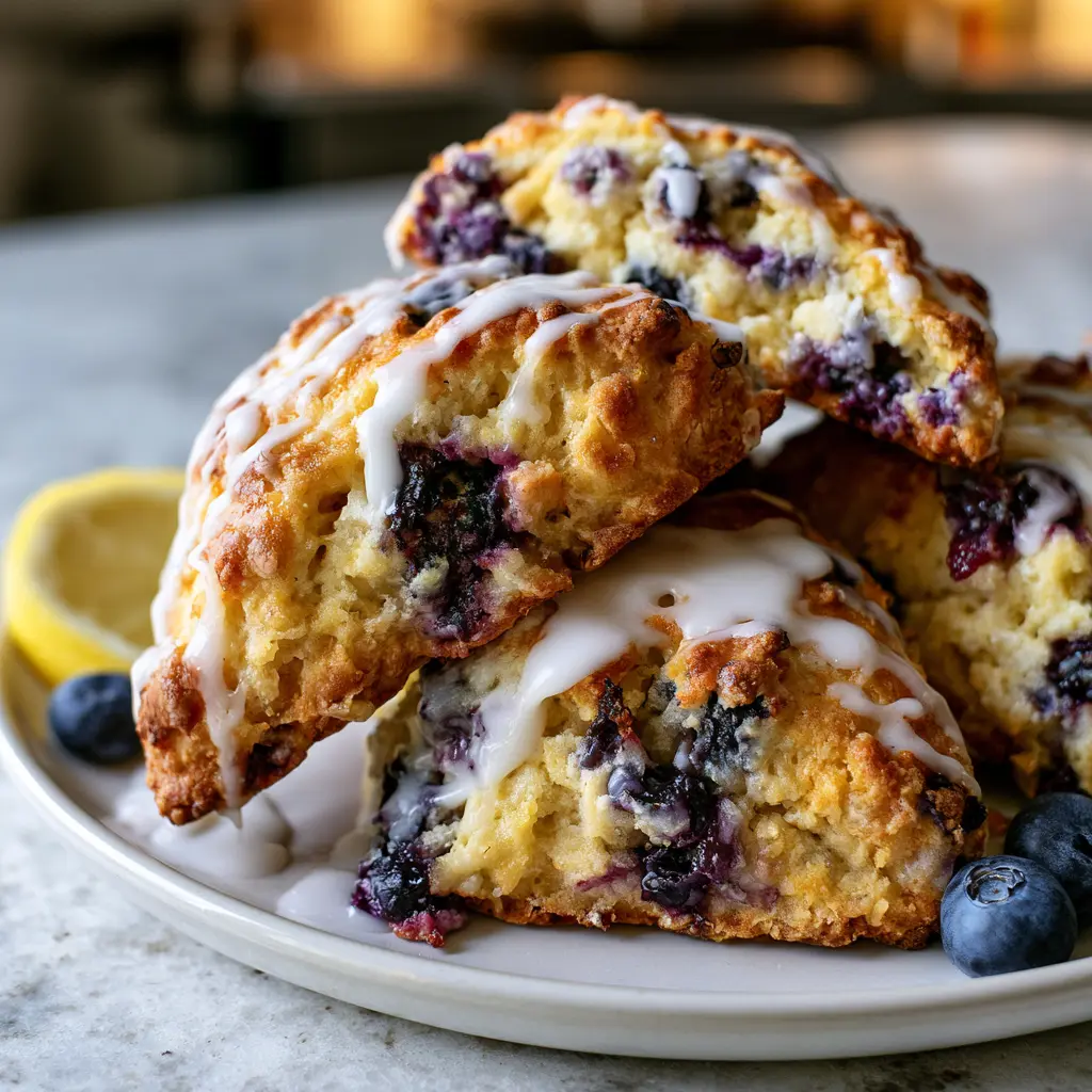 Lemon blueberry scones with lemon glaze on a white plate with fresh blueberries