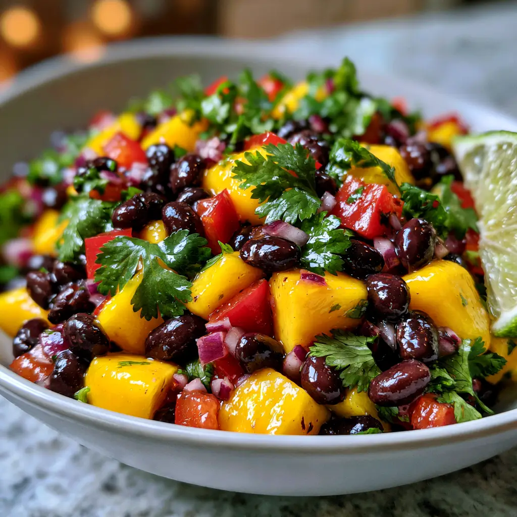 Mango black bean salad with red pepper and cilantro in a white bowl with lime dressing