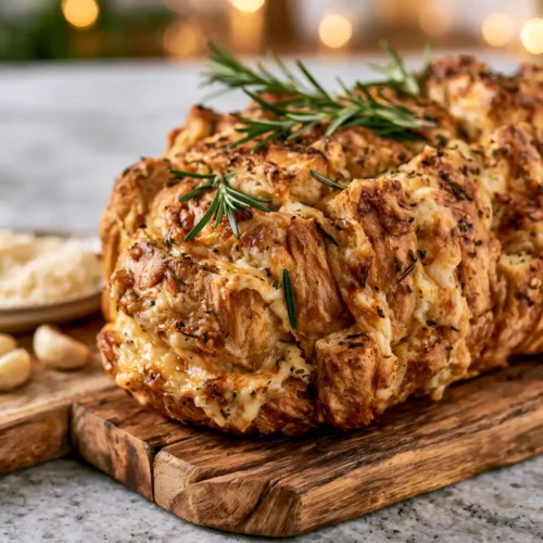 Rustic garlic parmesan pull apart bread on a wooden board with fresh herbs and extra parmesan