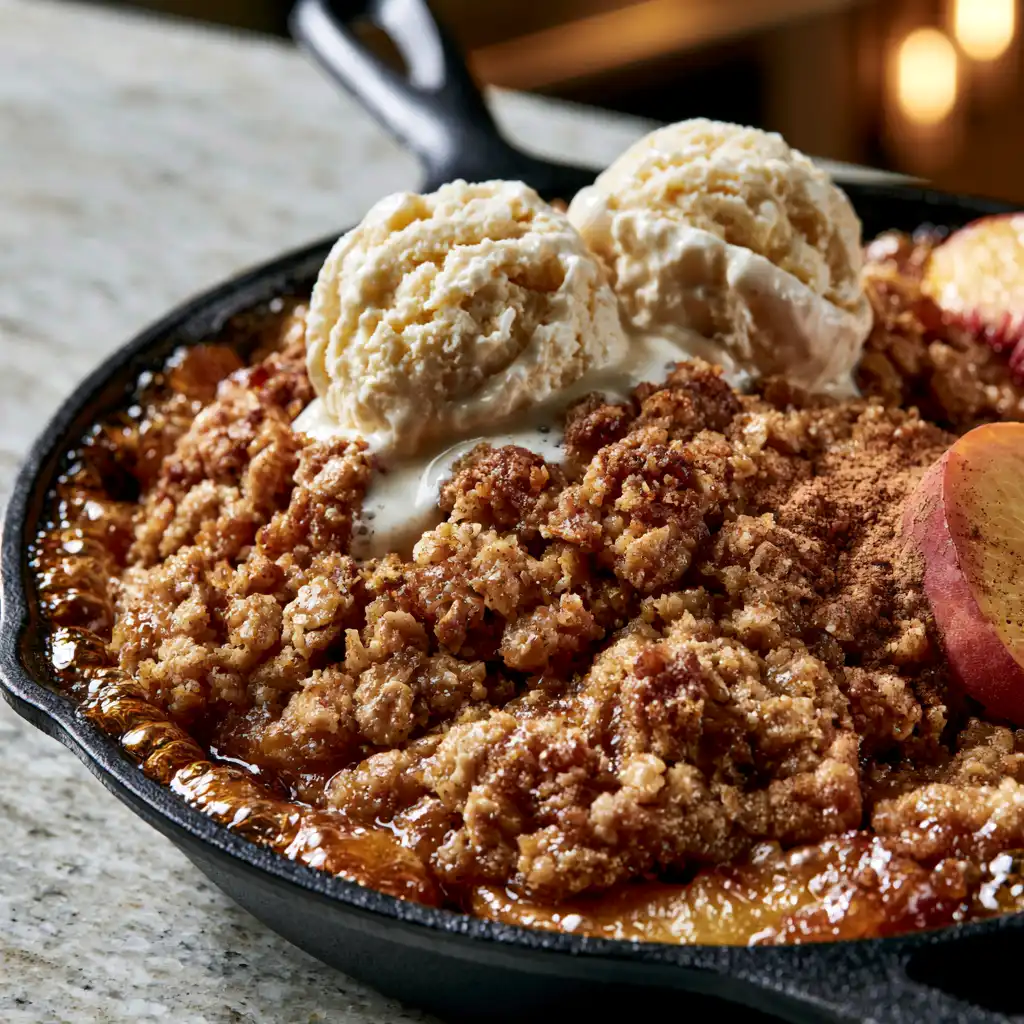 Rustic skillet peach crisp with vanilla ice cream melting over the golden oat topping in a cast iron skillet
