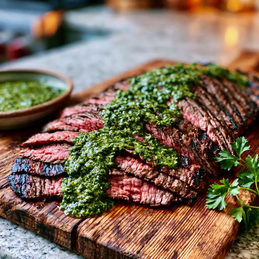Chimichurri grilled flank steak sliced on a wooden board with green sauce drizzled over