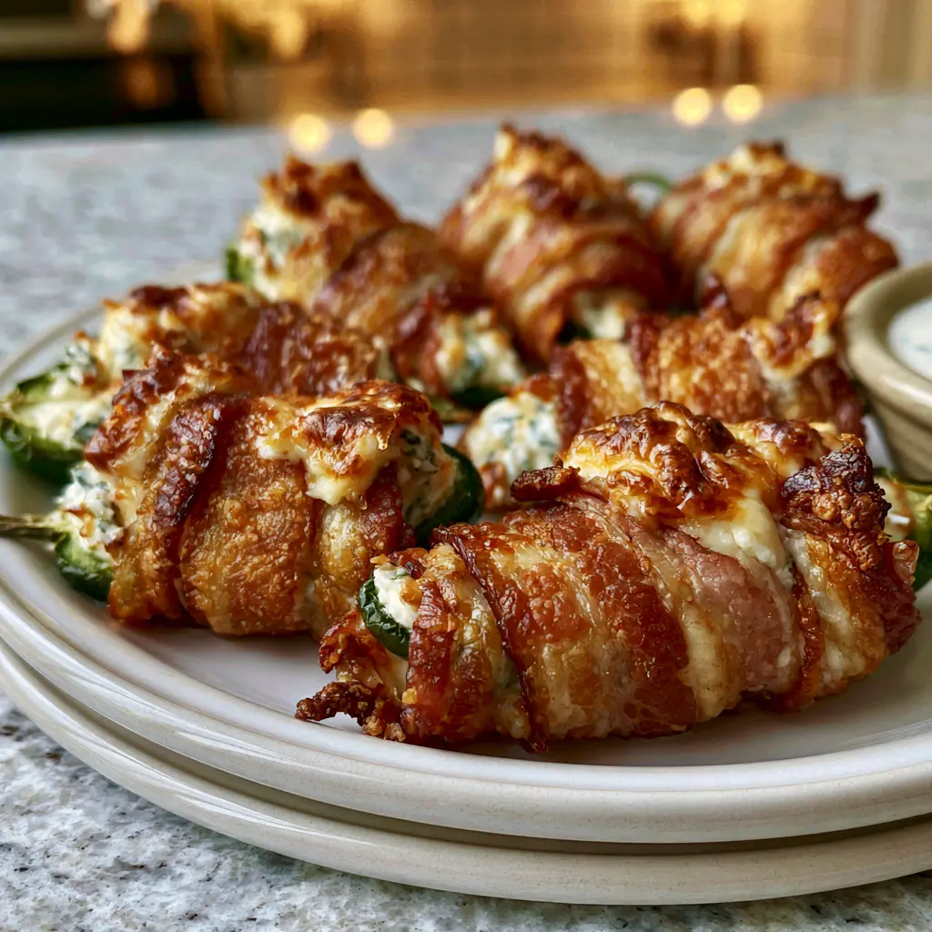 Three ingredient bacon wrapped jalapeño poppers on a white plate with crispy bacon and cream cheese filling