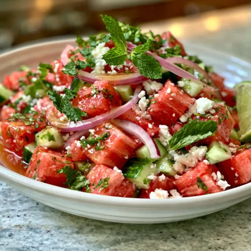 Watermelon cucumber feta salad with fresh mint and lime dressing in a white bowl