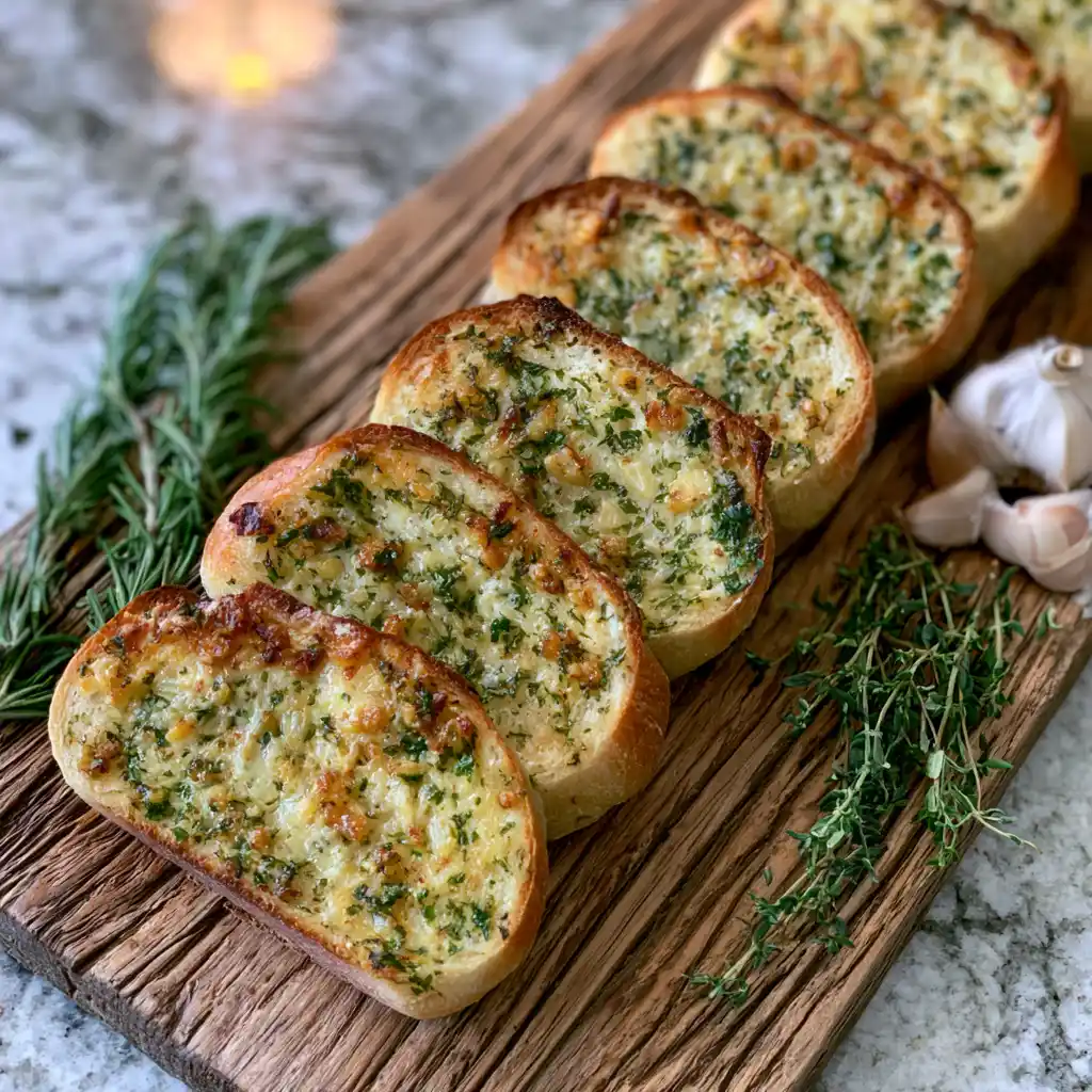 Toasted garlic herb butter baguette sliced on a wooden board with fresh herbs