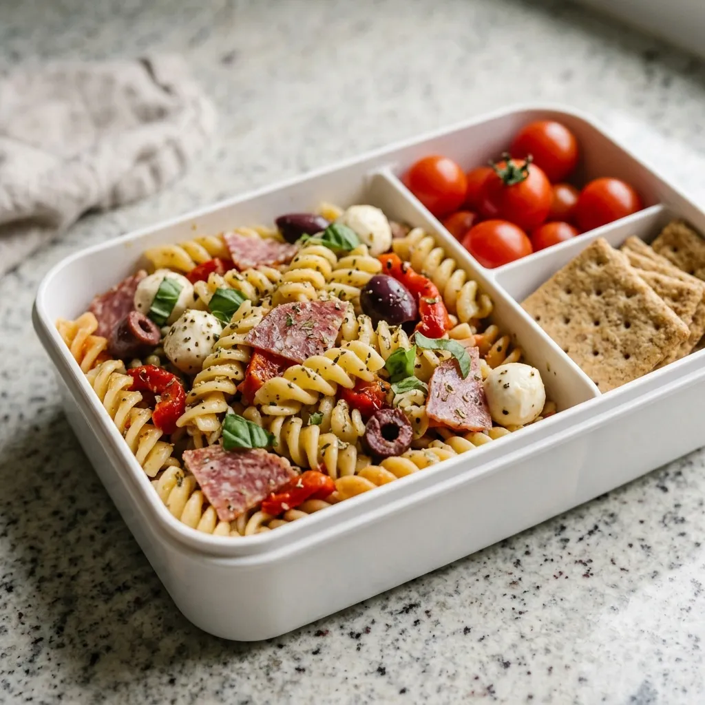 Italian pasta salad bento box with rotini, salami, mozzarella, and olives in a divided container