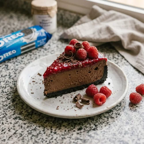 Dark chocolate raspberry cheesecake slice on a white plate showing Oreo crust, chocolate filling, and raspberry topping