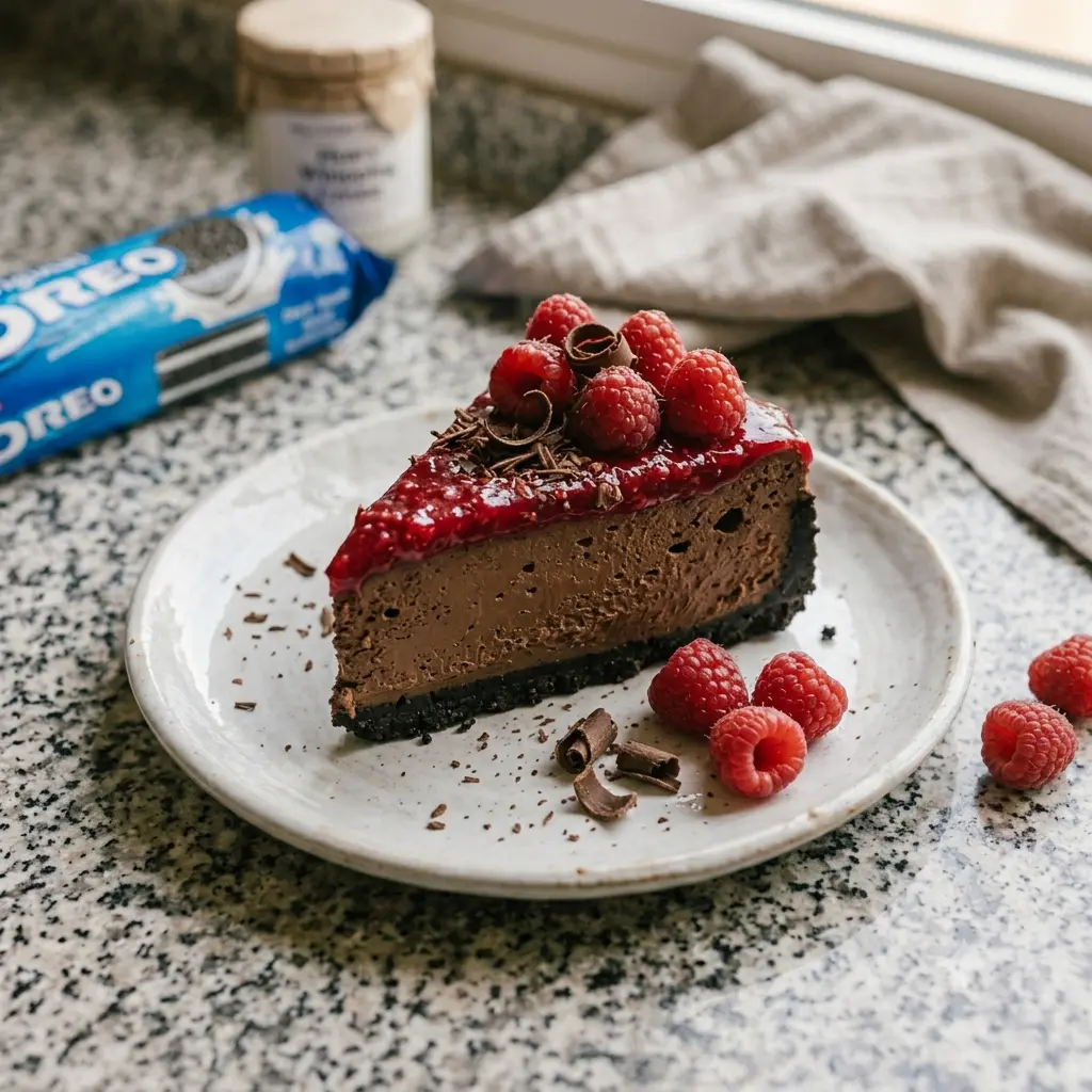 Dark chocolate raspberry cheesecake slice on a white plate showing Oreo crust, chocolate filling, and raspberry topping