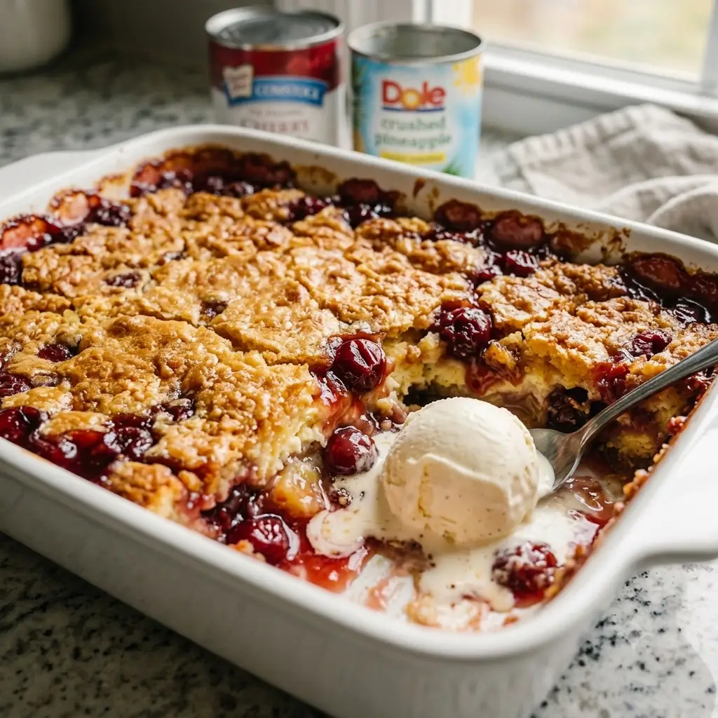 Cherry pineapple cheesecake dump cake with golden crust and cherry filling bubbling in a white baking dish