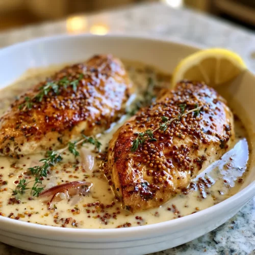 Dijon chicken in garlic wine sauce in a white skillet with fresh thyme and lemon