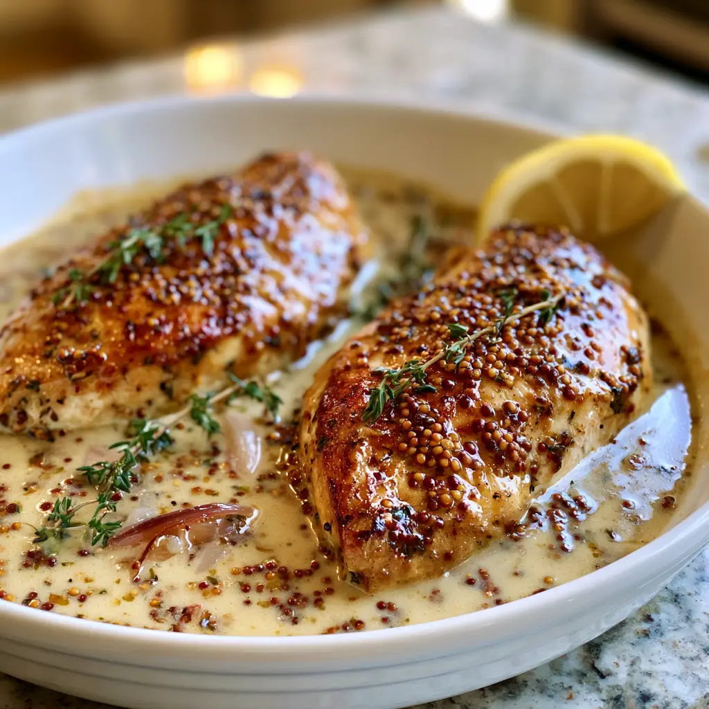Dijon chicken in garlic wine sauce in a white skillet with fresh thyme and lemon