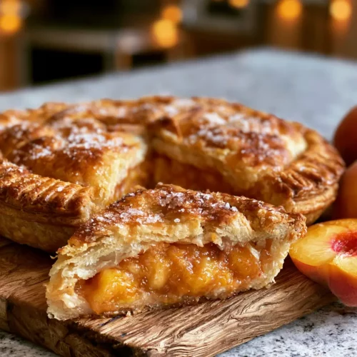 Homemade fresh peach pie with golden double crust on a wooden board with fresh peaches